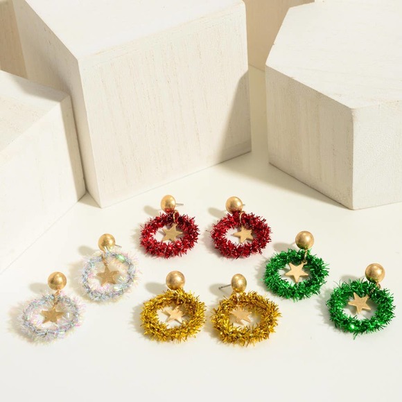 Gold Metallic Fuzzy Wreath Christmas Earrings with Gold Star Accents - Picture 3 of 3